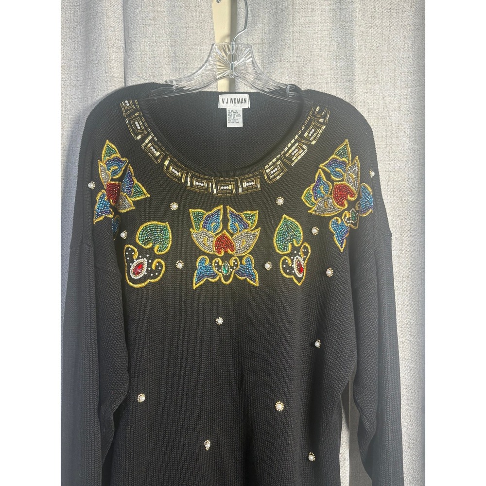 Vtg. Victoria Jones VJ Woman Beaded Pearl Sweater Black Tunic 2X Cotton Blend